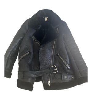 H&M Black Shearling Moto Jacket with Belt